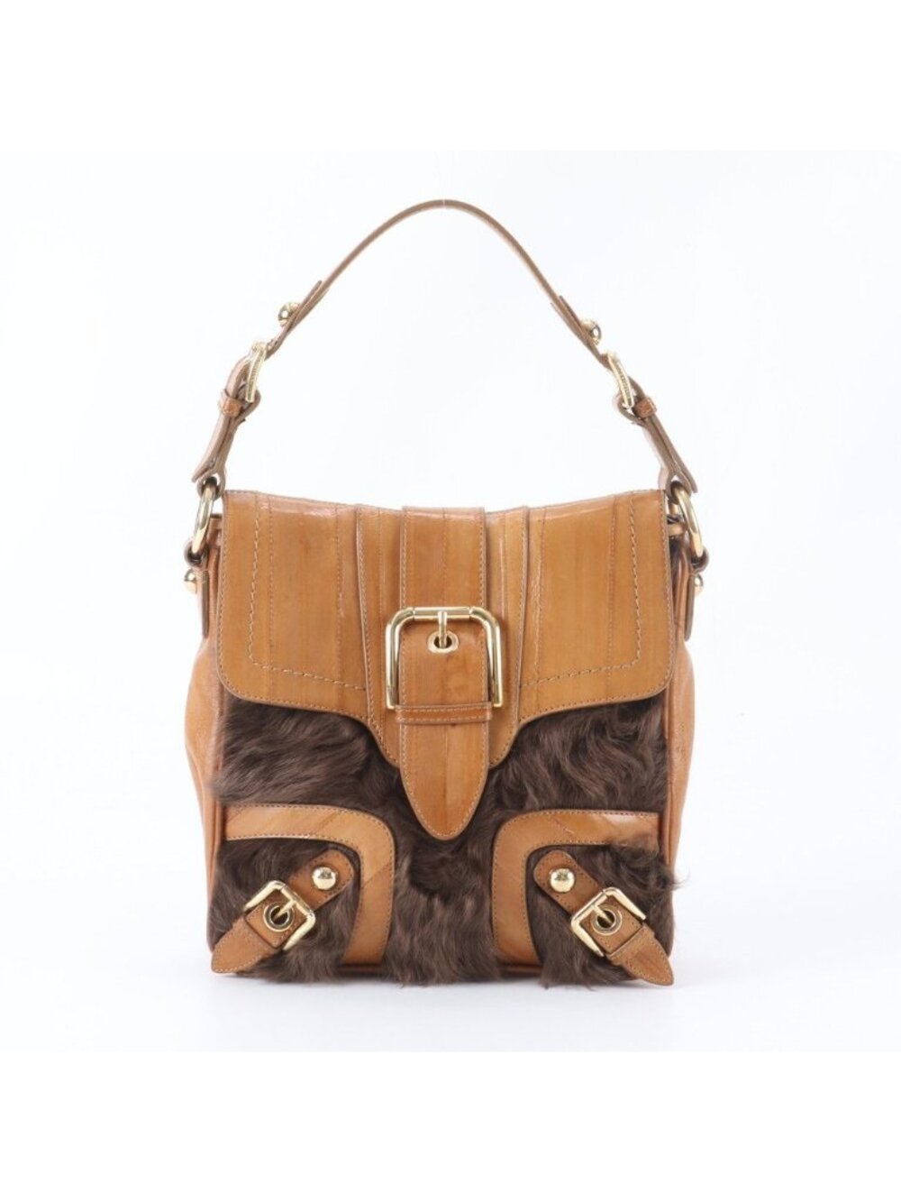 Dolce & Gabbana D&G Fur Leather Shoulder Bag Tote Hand Brown